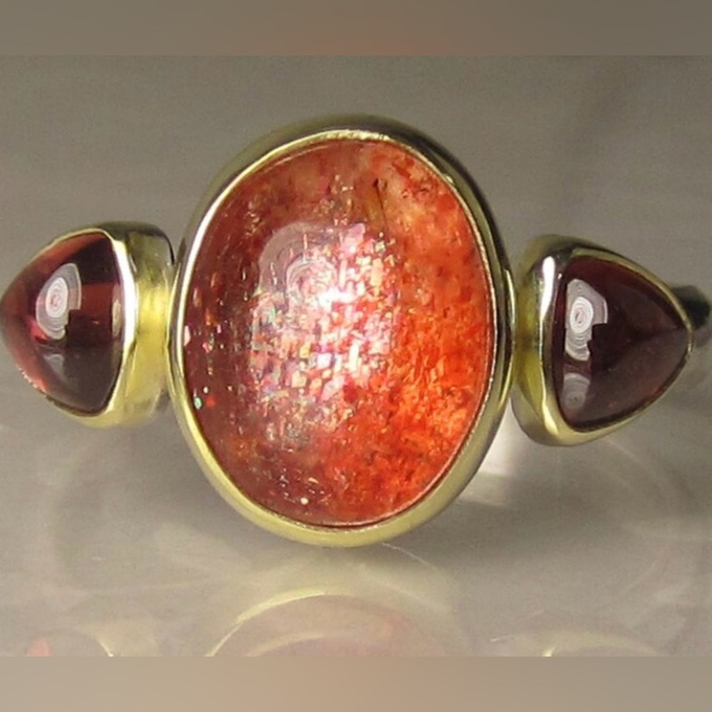 Sunstone and Garnet Ring, 18k Gold and Sterling Silver, Three Stone Ring